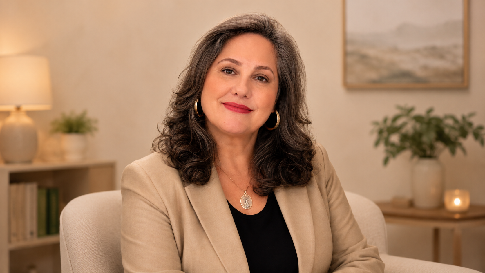 Rita Cardoso sentada em um ambiente acolhedor